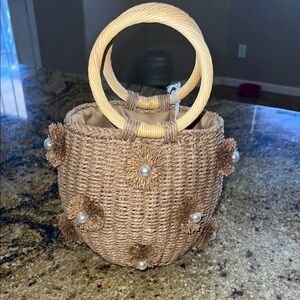 Haute Hippie | Mini Woven Bucket Bag w/ Flowers & Bamboo Handles